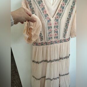 Floral Embroidered Cream Dress with Matching Scrunchie